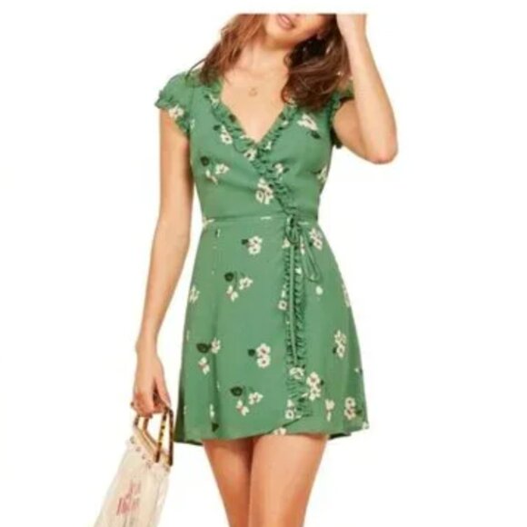 Reformation Dresses & Skirts - REFORMATION Lola Dress Floral Ruffle Mini V-Neck Wrap Short Sleeve Green M